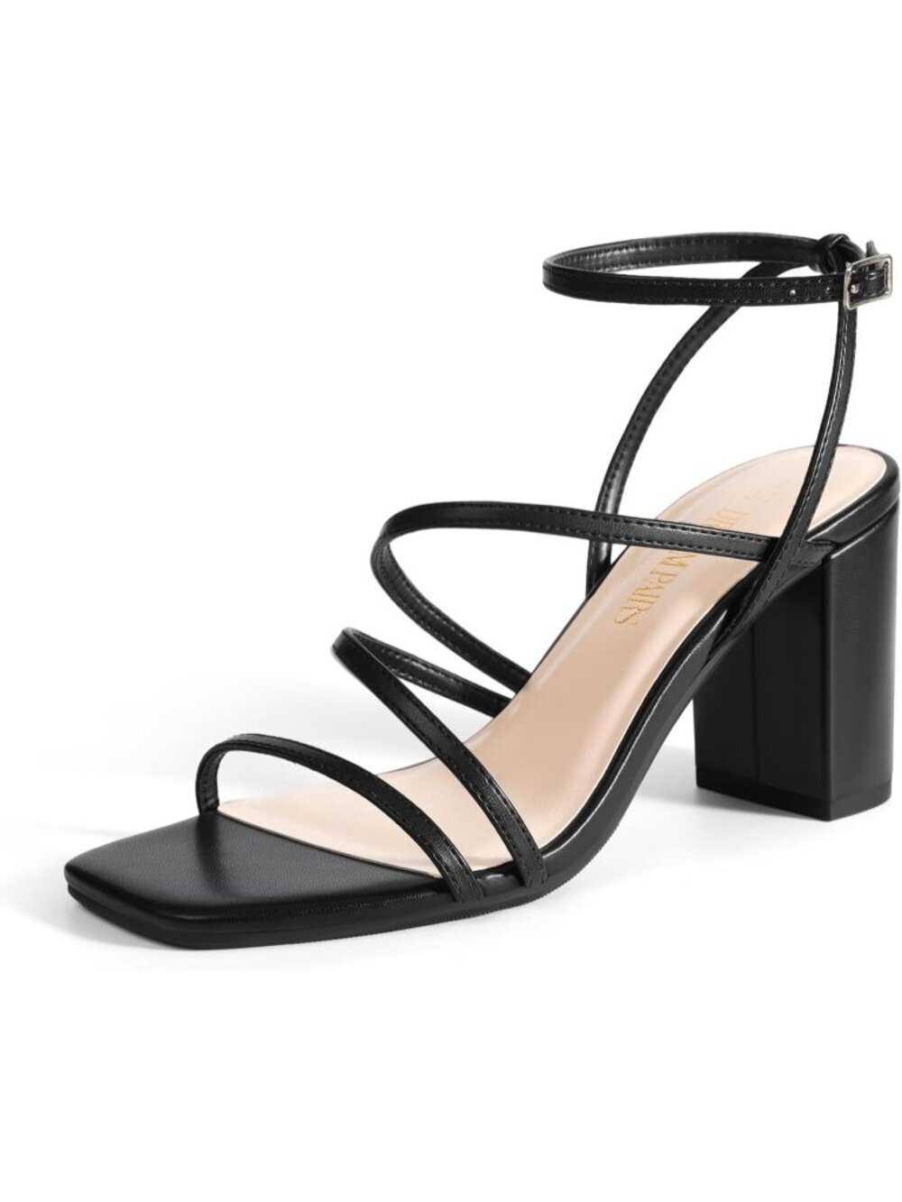 Women's High Heels Black Chunky Block Strappy Square Open Toe Ankle Buckle